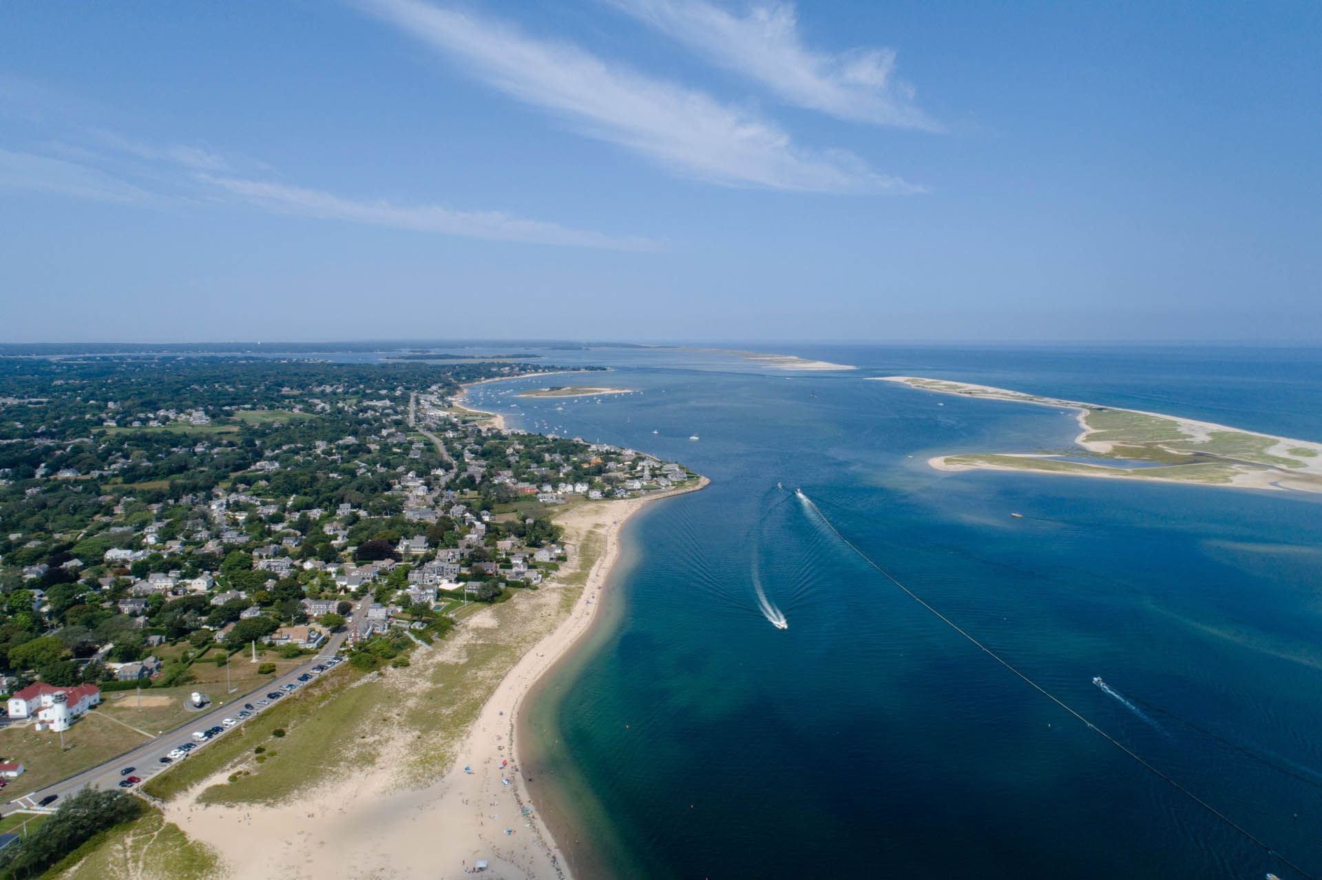 Aerial view of Chatham’s coastline, beaches and town